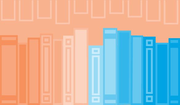 An illustration of orange and blue books on an orange background.